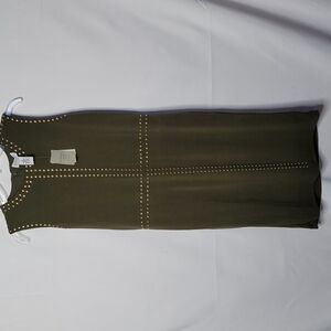 NWT Carmen Marc Valvo olive green midi sleeveless stretch dress gold studded 4